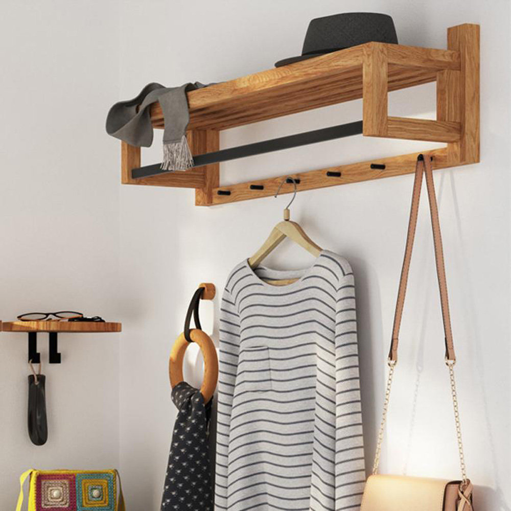 Loon Peak Brumback Solid Wood 6 Hook Wall Mounted Coat Rack with Storage in Oak Wayfair